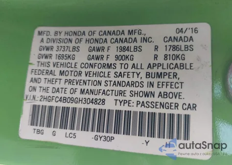 2016 Honda Civic Lx-P из США, поврежденный, VIN 2HGFC4B09GH304828